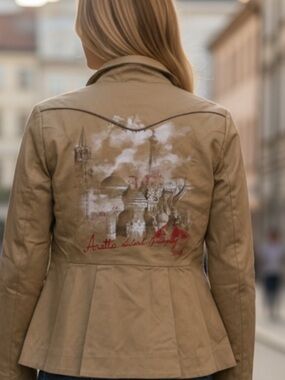 Aratta Tan Peplum Jacket with Artistic Back Motif Large